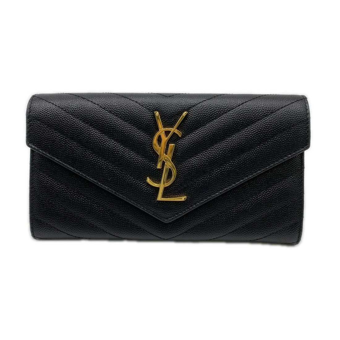 SAINT LAURENT Cassandra Large Flap Wallet 372264 Long Black Gold Calf Leather Women's: --- Catalog ---Category: SizeSize (HxWxD): 10.5cm x 19cm x 3.5cm / 4.13'' x 7.48'' x 1.37''Category: DesignType: Long wallet (bi-fold)Color: BlackGender: WomenClosure: FlapMaterial: Leather Leather/Fu