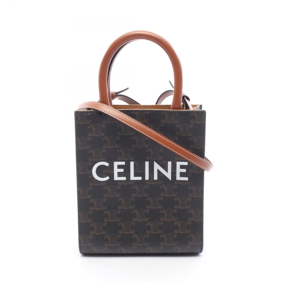 Celine Mini Vertical Cabas Triomphe 2-Way Handbag, Coated Canvas Leather, Women's, Black/Brown,: --- Catalog ---Category: SizeSize (HxWxD): 20cm x 17cm x 5cm / 7.87'' x 6.69'' x 1.96''Category: DesignType: HandbagColor: Black, BrownGender: WomenMaterial: Coated canvas , Leather Category: GeneralM