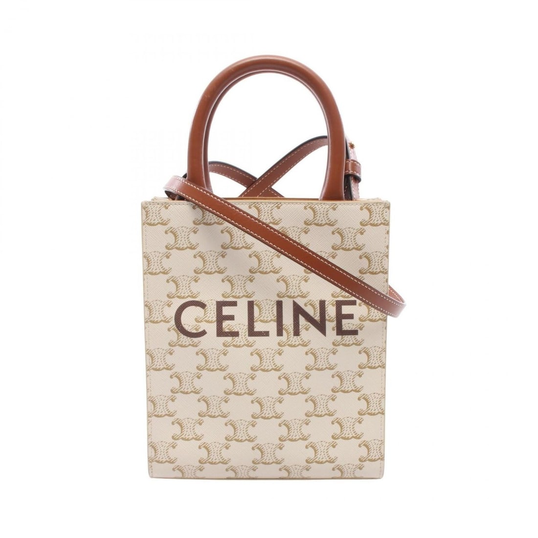 Celine Mini Vertical Cabas Triomphe 2-Way Handbag, Coated Canvas and Leather, Women's, Ivory/Brown,: --- Catalog ---Category: SizeSize (HxWxD): 20cm x 17cm x 5cm / 7.87'' x 6.69'' x 1.96''Category: DesignType: HandbagColor: Brown, IvoryGender: WomenMaterial: Coated canvas , Leather Category: GeneralM