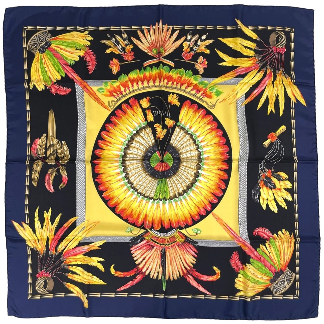 Hermes Carre 90 BRAZIL detail scarf/muffler, silk, navy, black, multicolor, women's. (1 of 18)