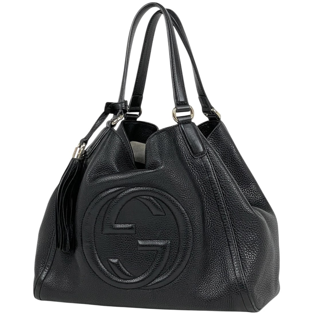 Gucci Soho Tote Bag with Fringe and Interlocking G Design, Black Leather, 282309, Women's: --- Catalog ---Category: SizeSize (HxWxD): 30cm x 34cm x 12cm / 11.81'' x 13.38'' x 4.72''Category: DesignType: Tote bagColor: BlackGender: WomenMaterial: Leather Category: GeneralMPN: 282309Brand: Gu