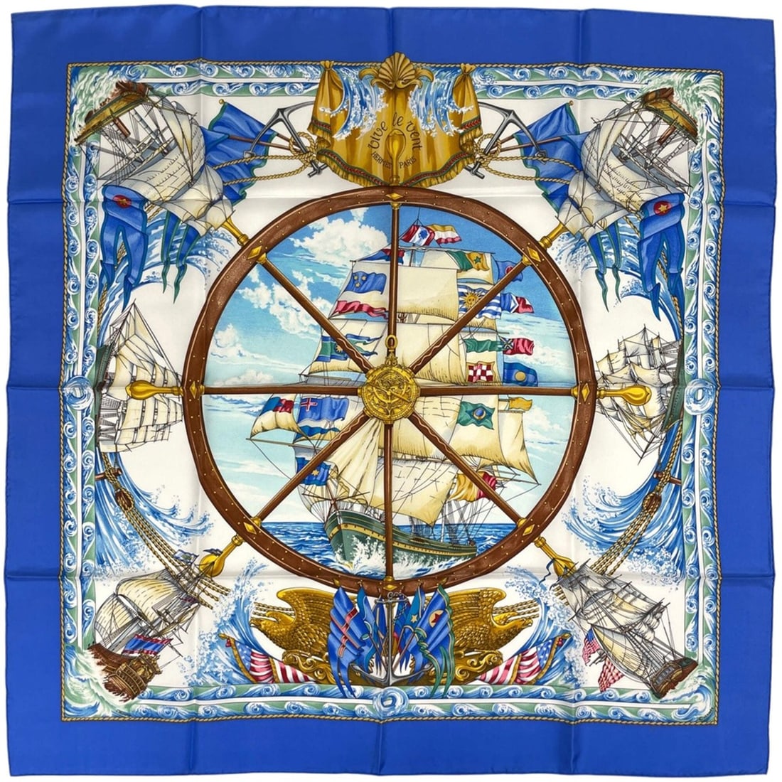 Hermes Carre 90 VIVE LE VENT Scarf/Muffler, Silk, Blue Multicolor, Women's: --- Catalog ---Category: SizeSize (LxW): 89cm x 89cm / 35.03'' x 35.03''Category: DesignType: ScarfColor: Blue, Multi-colorGender: WomenMaterial: Silk Category: GeneralBrand: Hermes--- Item List ---Se