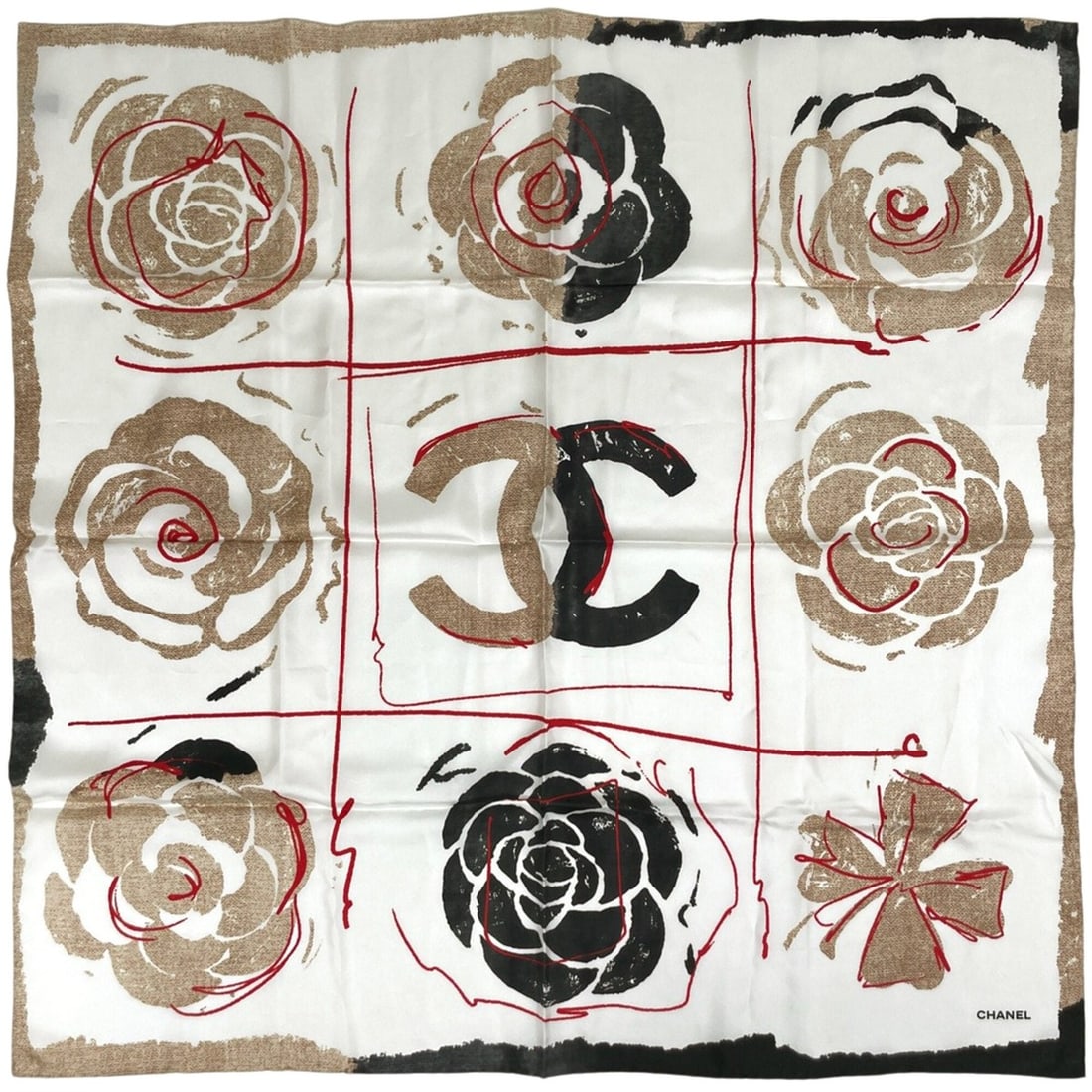 Chanel scarf/muffler with Coco Mark and Camellia design, silk, beige, black, red, for women.: --- Catalog ---Category: SizeSize (LxW): 87cm x 87cm / 34.25'' x 34.25''Category: DesignType: ScarfColor: Beige, Black, Red colorGender: WomenMaterial: Silk Category: GeneralBrand: Chanel--- Item List