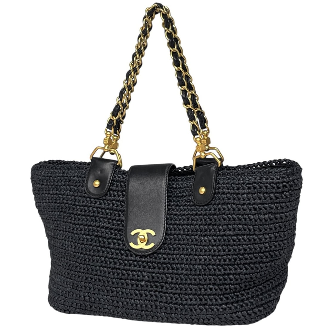Chanel Coco Mark Chain Tote Bag Shoulder Raffia Navy Women's (1 of 11)