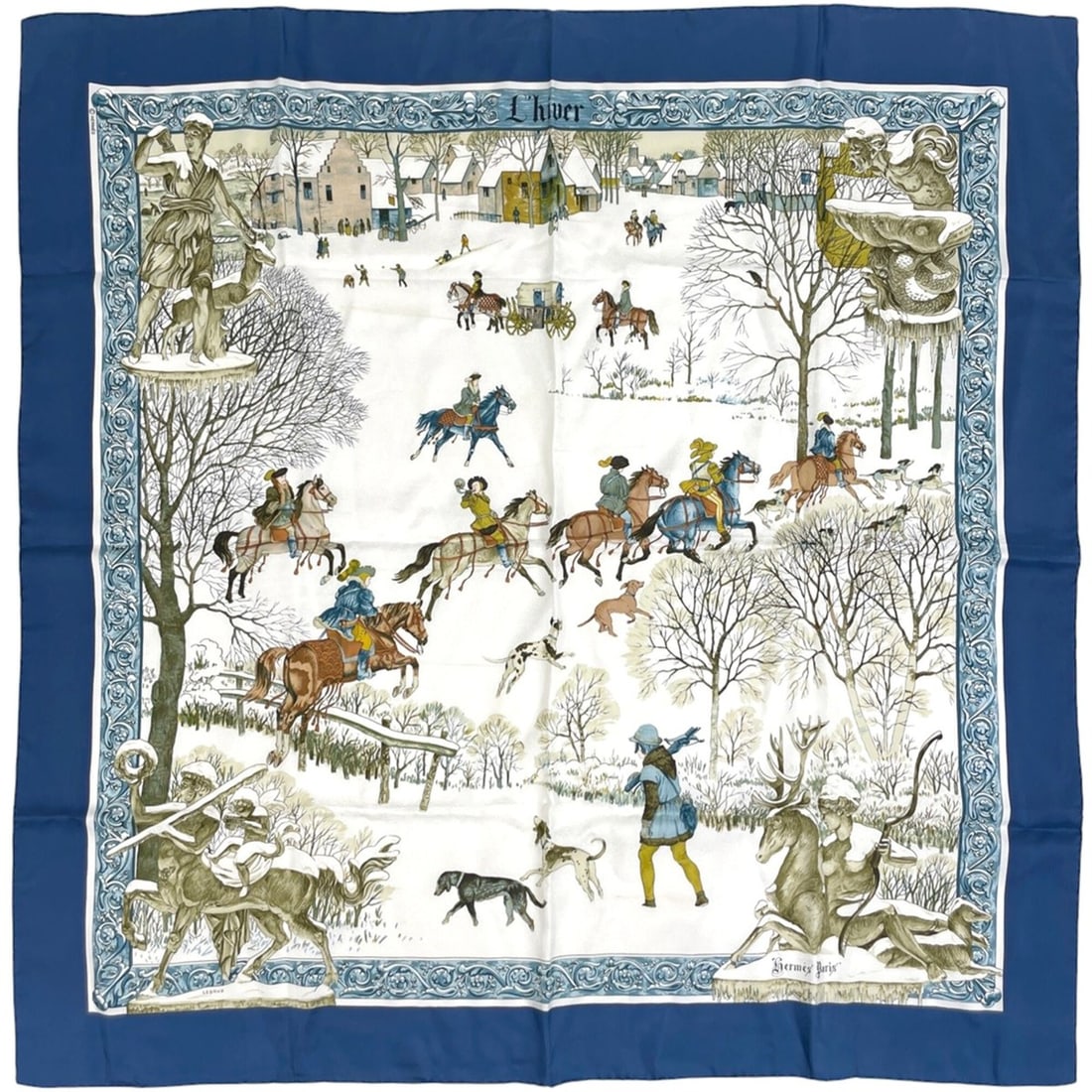 Hermes Carre 90 L'hive Scarf/Muffler, Winter Fire, Silk, Blue Multicolor, Women's: --- Catalog ---Category: SizeSize (LxW): 90cm x 89cm / 35.43'' x 35.03''Category: DesignType: ScarfColor: Blue, Multi-colorMaterial: Silk Category: GeneralBrand: Hermes--- Item List ---Section: Condit