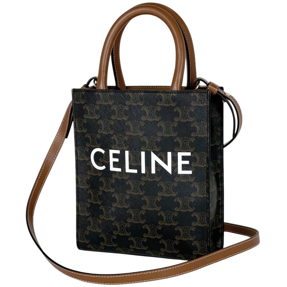Celine Mini Vertical Cabas Tote Bag, Triomphe Coated Canvas, Black/Brown, Women's: --- Catalog ---Category: SizeSize (HxWxD): 19.5cm x 17cm x 5cm / 7.67'' x 6.69'' x 1.96''Category: DesignType: Tote bagColor: Black, BrownGender: WomenMaterial: Coated canvas , Leather Category: Gener