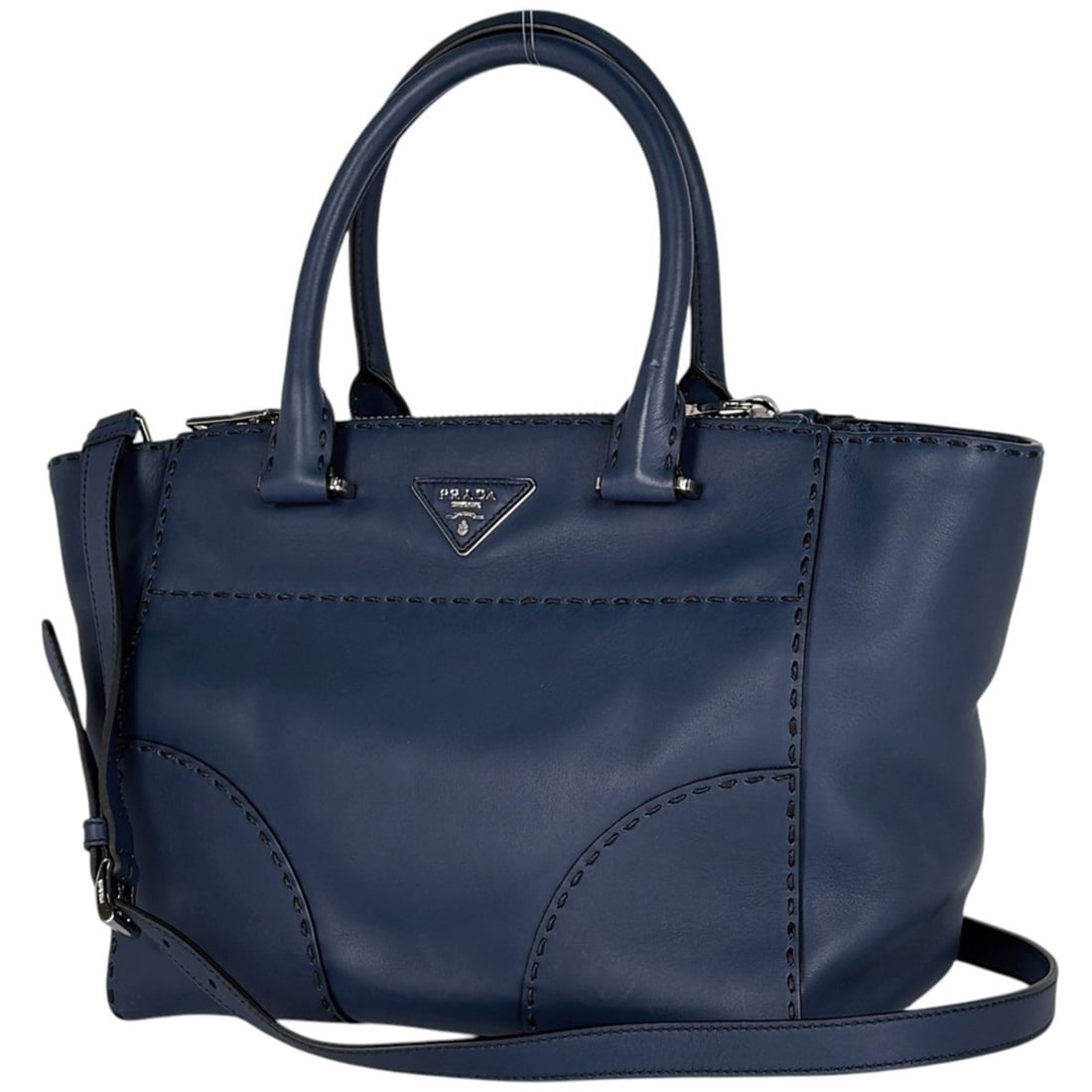 Prada PRADA Logo Handbag 2-Way Leather Blue B2861K Women's (1 of 12)