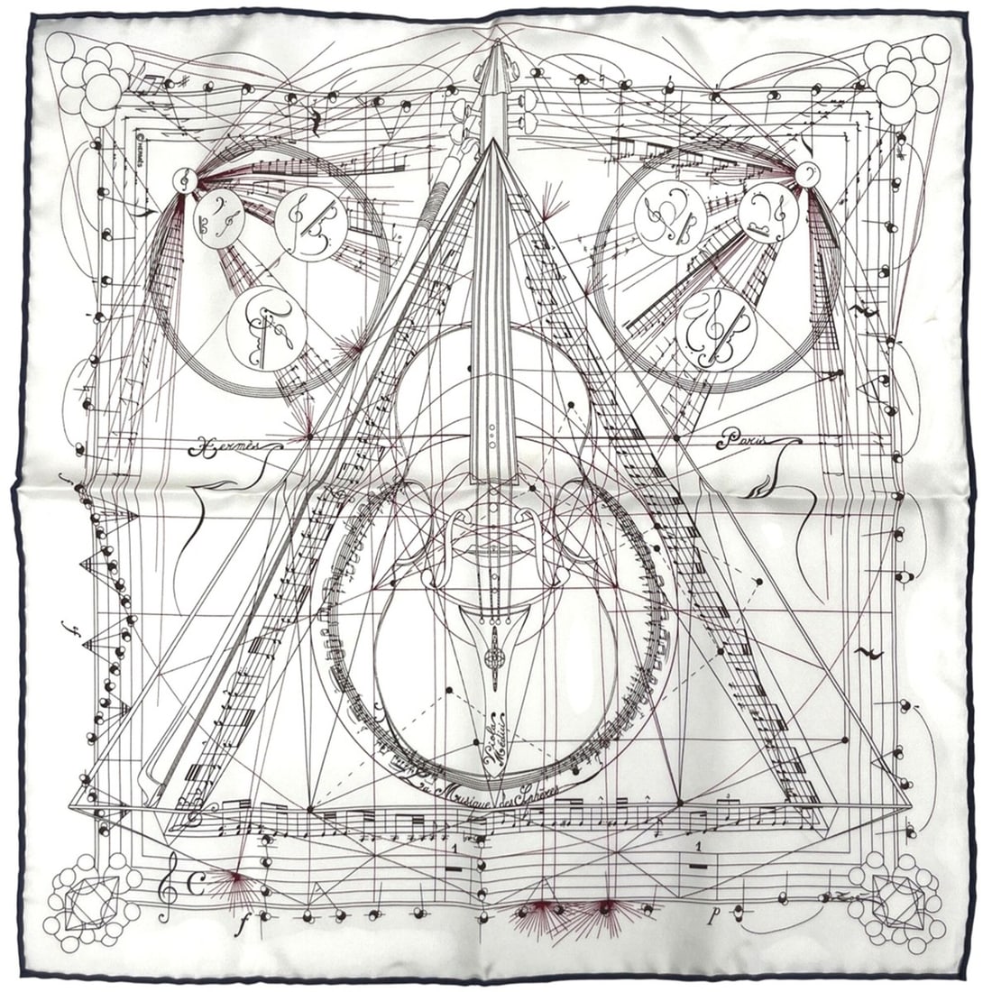 Hermes Petit Carré La Musique des Spheres Scarf Muffler - Gavroche Silk White Multicolor Women's: --- Catalog ---Category: SizeSize (LxW): 42cm x 41cm / 16.53'' x 16.14''Category: DesignType: ScarfColor: Multi-color, WhiteGender: WomenMaterial: Silk Category: GeneralBrand: Hermes--- Item List ---S