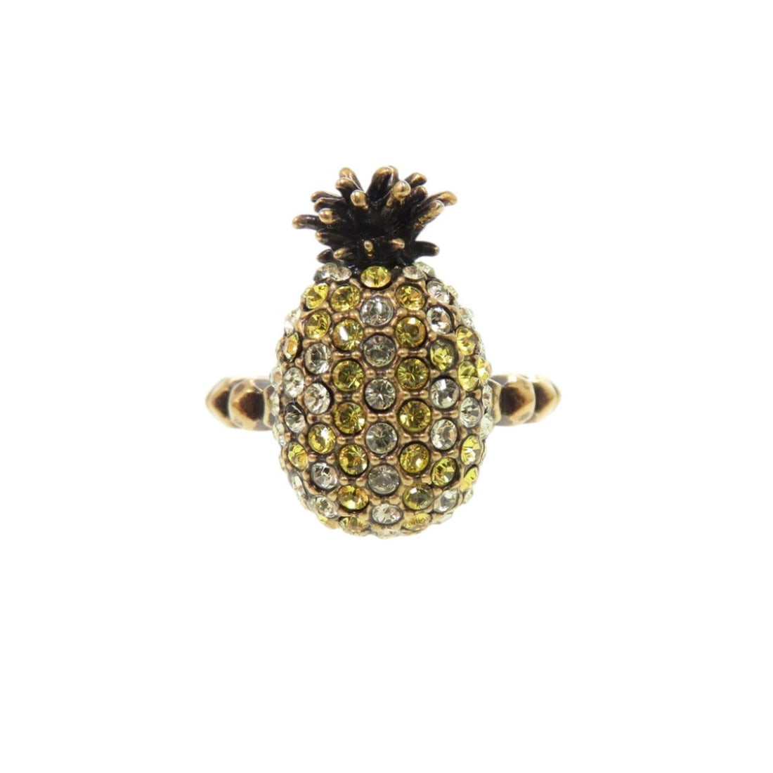 Gucci Pineapple Motif Metal Rhinestone Ring, Yellow, 0836, Men's: --- Catalog ---Category: SizeJP Size: 18US Size: 9Category: DesignType: Band ringColor: Gold, YellowGender: MenMaterial: Metal, RhinestoneCategory: GeneralBrand: GucciCountry of Origin: Italy--- Item 