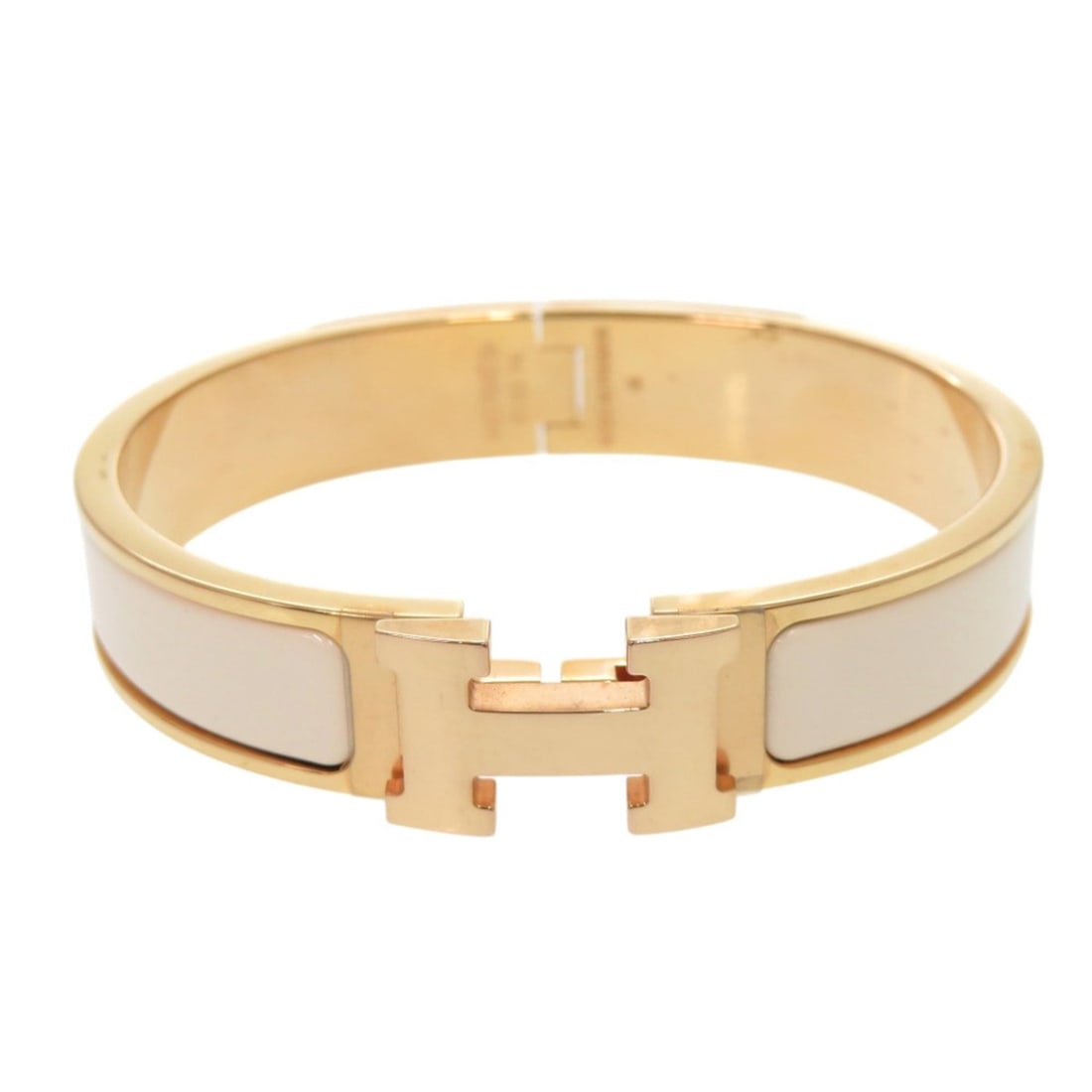 Hermes Click H PM F1 02 74 Metal Enamel White Bangle 0293HERMES: --- Catalog ---Category: SizeLength: 17cm / 6.69''Category: DesignType: BangleColor: Rose gold, WhiteGender: WomenMaterial: Enamel, MetalCategory: GeneralMPN: F1 02 74Brand: HermesCountry of Origin: F