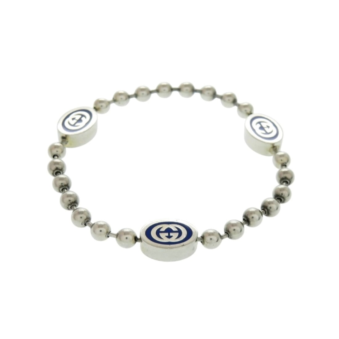 Gucci G Ball Chain Bracelet, Interlocking Design, Sterling Silver 925, Silver/Blue, 0794, GUCCI,: --- Catalog ---Category: SizeLength: 20.5cm / 8.07''Category: DesignType: Charm braceletColor: SilverGender: Men,WomenMaterial: Silver 925Category: GeneralBrand: GucciCountry of Origin: Italy--- Item 