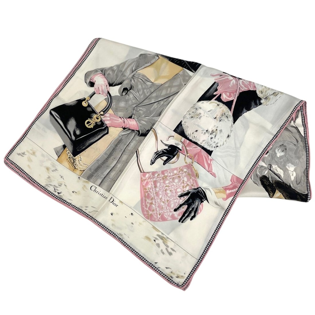 Christian Dior scarf/muffler with bag pattern, silk, ivory, multicolor, women's.: --- Catalog ---Category: SizeSize (LxW): 46cm x 1.42m / 18.11'' x 55.9''Category: DesignType: ScarfColor: Ivory, Multi-colorGender: WomenMaterial: Silk Category: GeneralBrand: Christian Dior--- Item L
