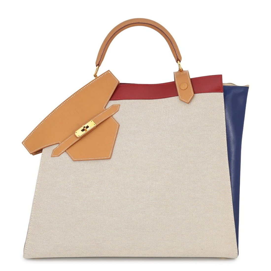 Hermes Himalaya handbag, natural, Rouge Vif, navy, Toile H, box calf, ?A stamp. HERMES: --- Catalog ---Category: SizeWeight: 1.2kg / 2.64lb.Size (HxWxD): 38cm x 43cm x 15cm / 14.96'' x 16.92'' x 5.9''Category: DesignType: HandbagColor: Natural, Navy, Rouge vifGender: WomenMaterial: Toile