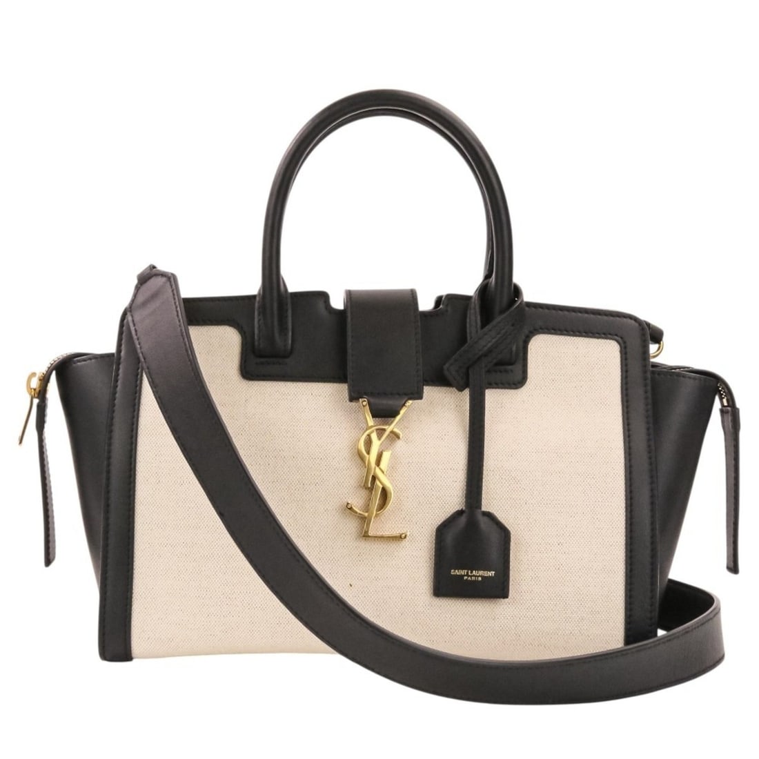 Yves Saint Laurent SAINT LAURENT PARIS Downtown Baby 2-Way Handbag/Shoulder Bag 635346 Black/Natural: --- Catalog ---Category: SizeSize (HxWxD): 18cm x 26cm x 10cm / 7.08'' x 10.23'' x 3.93''Strap Length: 98cm / 38.58''Handle Length: 26cm / 10.23''Category: DesignType: Handbag, Shoulder bagColor: Blac