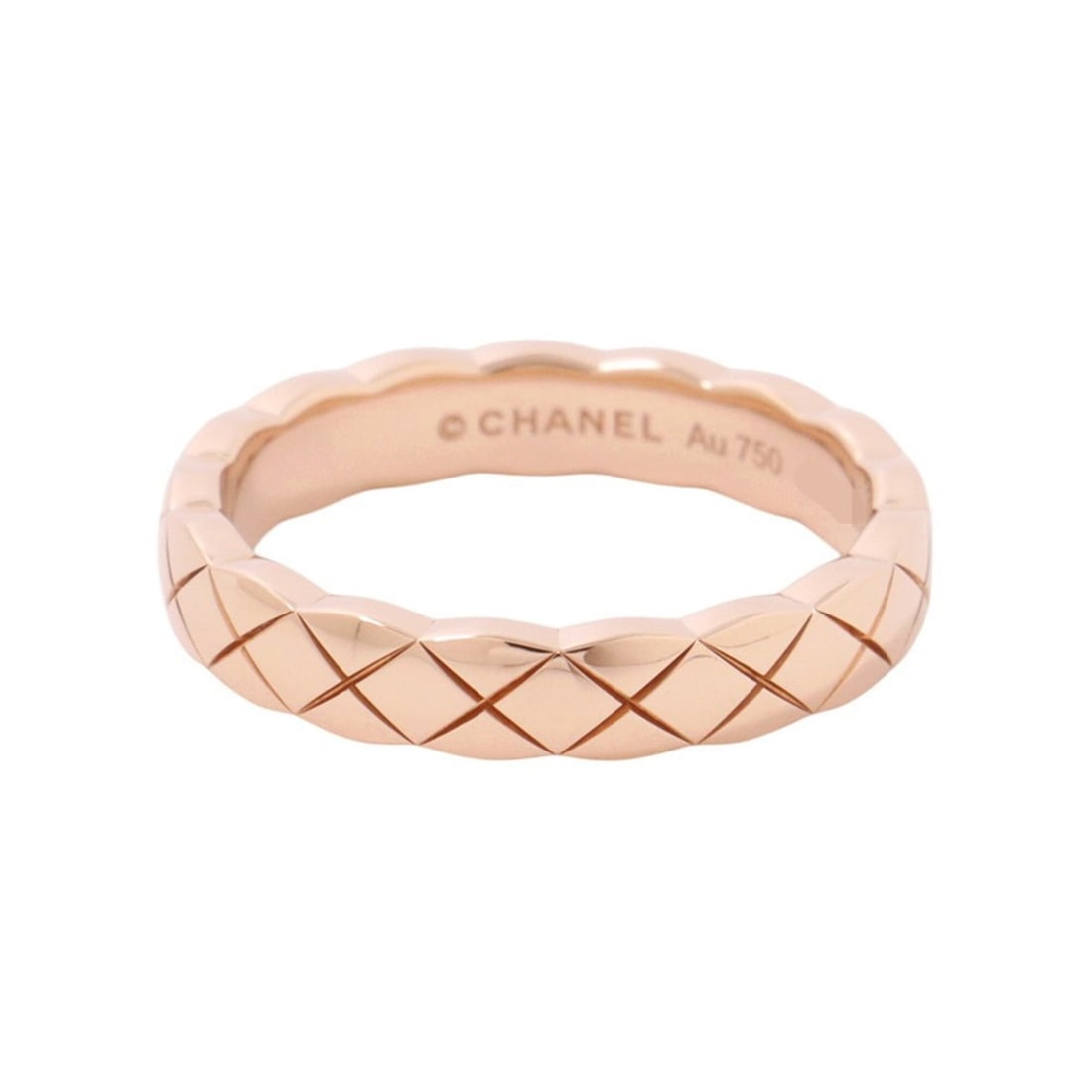 Chanel Coco Crush Collection Mini Ring, 18K Pink Gold, Ring Size 47, J11785. (Also available in: --- Catalog ---Category: SizeWidth: 3.2mm / 0.13''Weight: 3.5g / 0.12oz.JP Size: 7US Size: 4Category: DesignType: Band ringGender: WomenMaterial: Pink gold (18K)Category: GeneralBrand: Chanel--- Item 