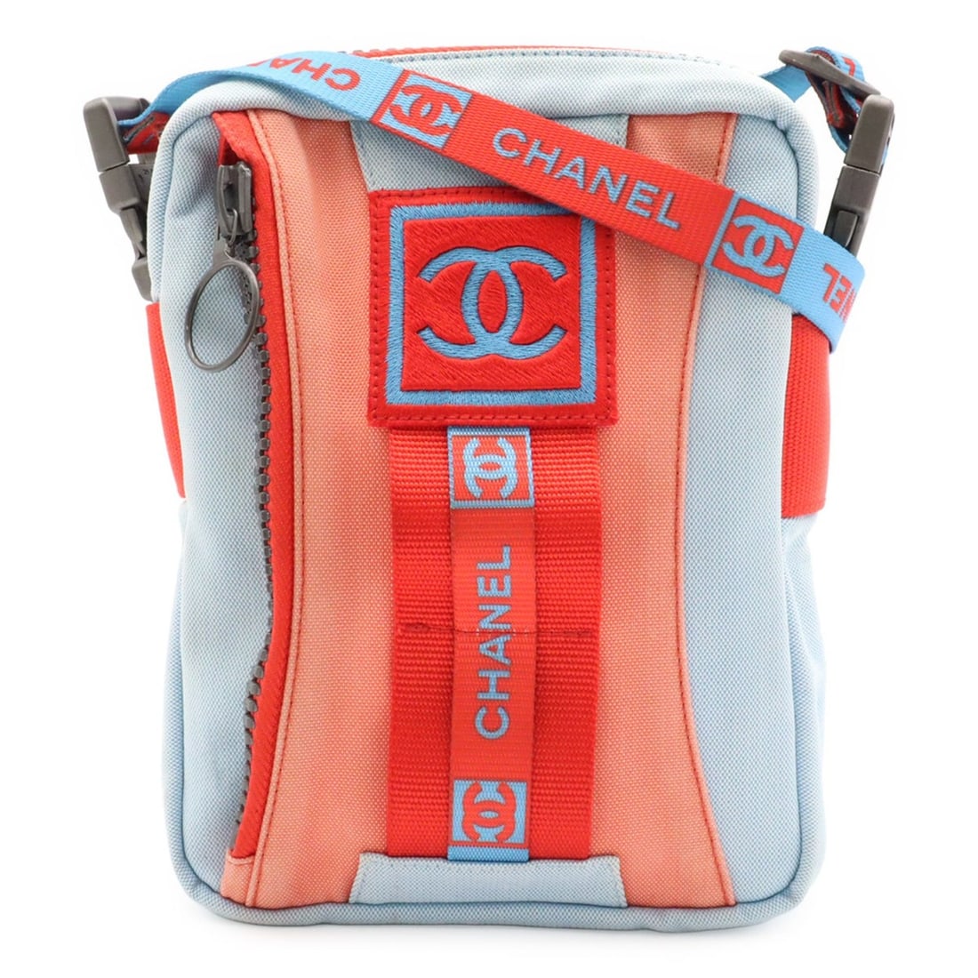CHANEL Sport Line Coco Mark Shoulder Bag, Nylon Canvas, Light Blue, Red: --- Catalog ---Category: SizeSize (HxWxD): 19.5cm x 15.5cm x 5cm / 7.67'' x 6.1'' x 1.96''Category: DesignType: Shoulder bagColor: Light blue, Red colorGender: Women,MenMaterial: Nylon canvas Category
