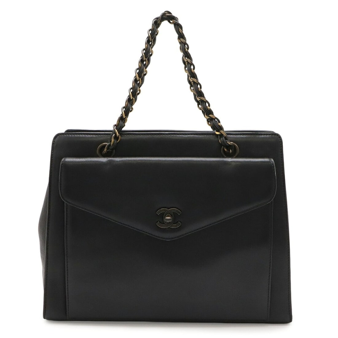 CHANEL Chain Handle Tote Bag, Leather, Black: --- Catalog ---Category: SizeSize (HxWxD): 23.5cm x 28cm x 10cm / 9.25'' x 11.02'' x 3.93''Category: DesignType: Handbag, Tote bagColor: BlackGender: WomenMaterial: Leather Category: GeneralBrand: Cha