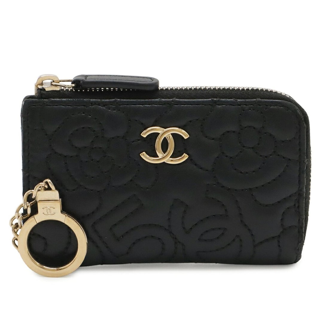 CHANEL Camellia Coco Mark Wallet/Coin Purse, L-shaped, Lambskin Leather, Black: --- Catalog ---Category: SizeSize (HxWxD): 7cm x 11.5cm / 2.75'' x 4.52''Category: DesignType: Coin purse/coin caseColor: BlackGender: Women,MenMaterial: Leather Category: GeneralBrand: ChanelCountry 