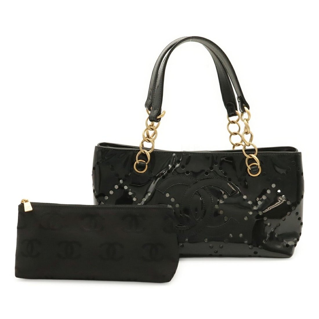 CHANEL Chanel Coco Mark Perforated Chain Tote Bag Shoulder Enamel Patent Leather Black: --- Catalog ---Category: SizeSize (HxWxD): 17cm x 29cm x 11.5cm / 6.69'' x 11.41'' x 4.52''Category: DesignType: Shoulder bag, Tote bagColor: BlackGender: WomenMaterial: Leather Category: GeneralBrand
