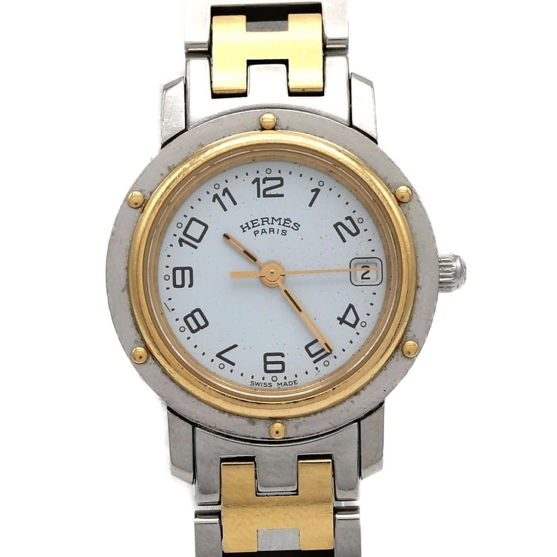 Hermes Clipper Combination CL4.220 SSxGP Quartz Watch: --- Catalog ---Category: SizeWrist Size: 15.5cm / 6.1''Case Diameter: 24mm / 0.94''Category: DesignType: WristwatchGender: WomenColor (Dial): WhiteMaterial (Band): Gold plated, Stainless steelMaterial