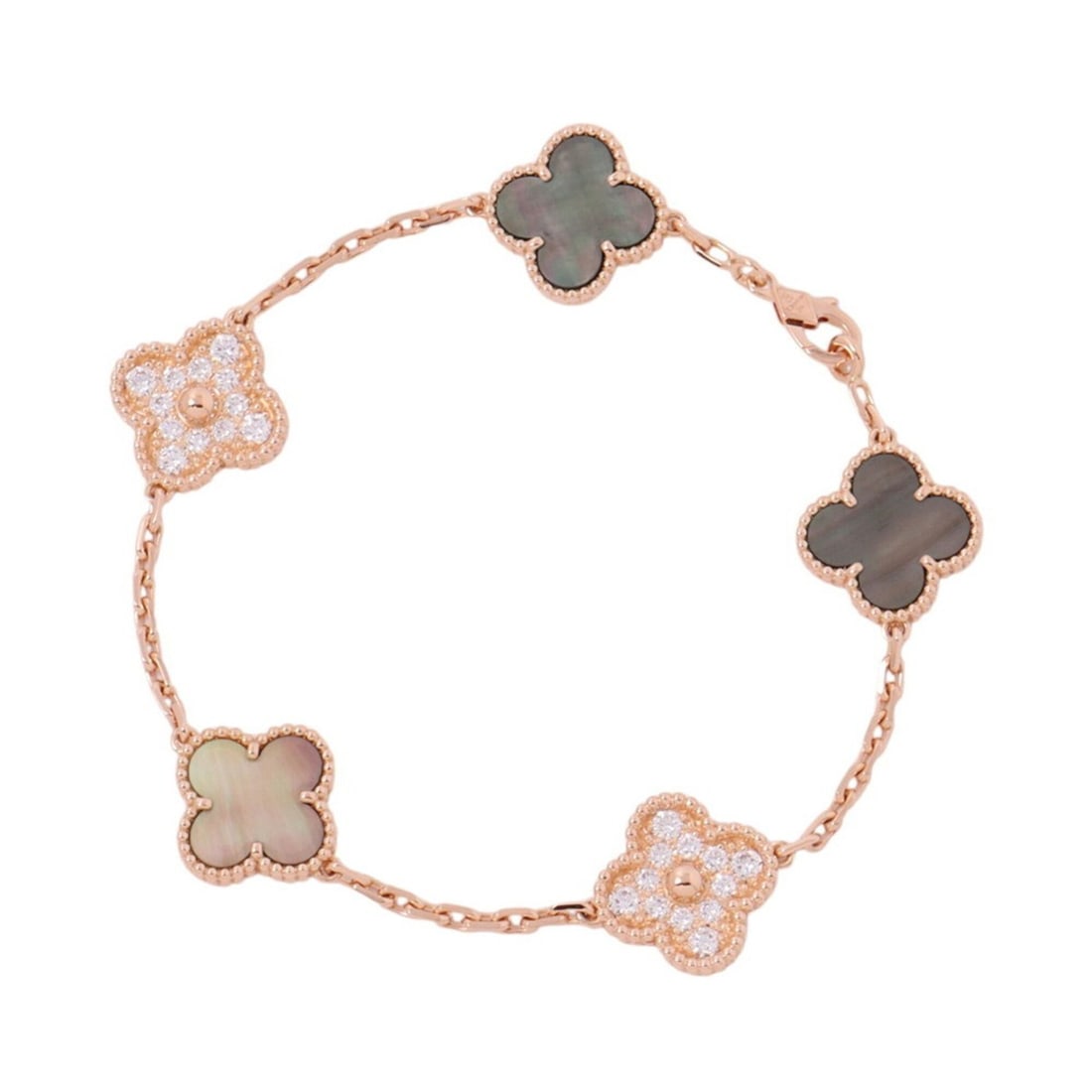 Van Cleef & Arpels Alhambra Bracelet, 5 Motifs, Gray Mother-of-Pearl, 24 Diamonds (Total 0.96ct),: --- Catalog ---Category: SizeLength: 18cm / 7.08''Weight: 12.7g / 0.44oz.Total Length: 19cm / 7.48''Category: DesignType: Charm braceletStone: DiamondGender: WomenClarity: IFMaterial: Pink gold (18K)W