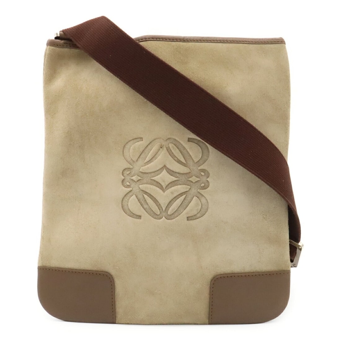 LOEWE Anagram Shoulder Bag, Suede Leather, Beige/Mocha Brown: --- Catalog ---Category: SizeSize (HxWxD): 27.5cm x 24.5cm / 10.82'' x 9.64''Category: DesignType: Shoulder bagColor: Beige, BrownGender: Women,MenMaterial: Suede , Leather Category: GeneralBrand: Loe