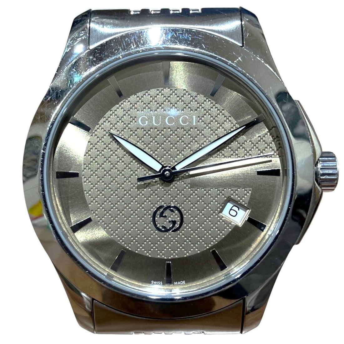 Gucci G-Timeless watch, total weight 96.4g, stainless steel, quartz movement, light brown dial.: --- Catalog ---Category: SizeWrist Size: 16cm / 6.29''Case Diameter: 40mm / 1.57''Category: DesignType: WristwatchGender: MenColor (Dial): BrownMaterial (Band): Stainless steelMaterial (Case): Stainle