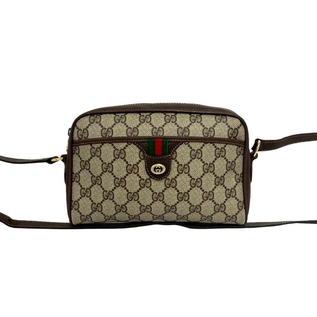 GUCCI Old Gucci Sherry Line GG Logo Pattern Leather Mini Shoulder Bag Pouch Brown 70624: --- Catalog ---Category: SizeSize (HxWxD): 13.5cm x 21.5cm x 4cm / 5.31'' x 8.46'' x 1.57''Category: DesignType: Pochette, Shoulder bagColor: Brown, Green, Red colorGender: WomenMaterial: Leather , PV