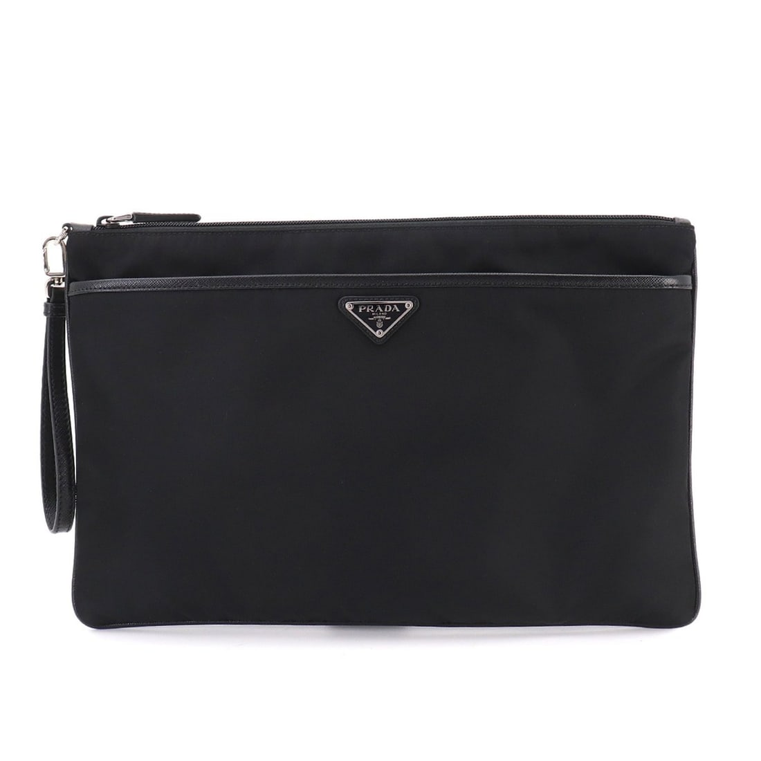 Prada Clutch Handbag, Nylon & Saffiano Leather, Black, 2VN012: --- Catalog ---Category: SizeSize (HxWxD): 24.5cm x 37cm x 1.5cm / 9.64'' x 14.56'' x 0.59''Category: DesignType: Clutch bag, HandbagColor: BlackGender: WomenMaterial: Nylon , Leather Leather/Fur Type