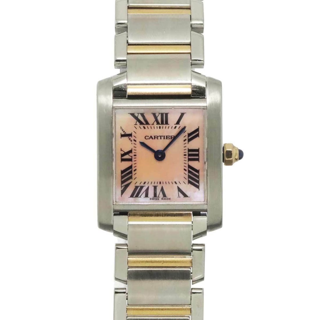 Cartier Tank Francaise SM Two-Tone W51027Q4 Women's Watch Pink Shell 18KPG Gold Quartz: --- Catalog ---Category: SizeWrist Size: 15cm / 5.9''Case Diameter: 20mm / 0.79''Category: DesignType: WristwatchGender: WomenColor (Dial): Pink shellMaterial (Band): Pink gold (18K), Stainless steelM