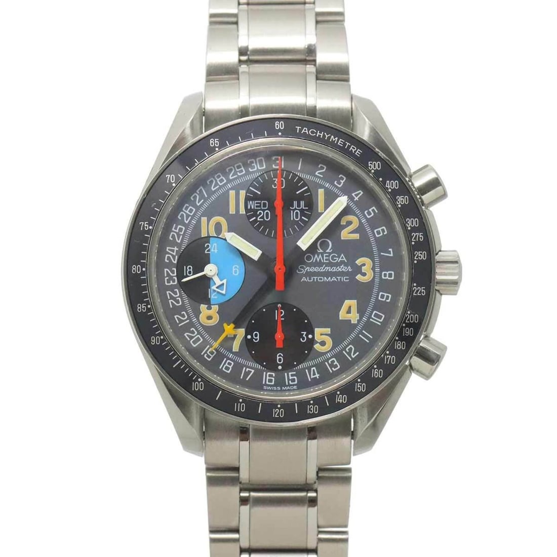 Omega Speedmaster Mark 40 AM PM Triple Calendar 3520 53 Men's Watch, Gray, Automatic Movement: --- Catalog ---Category: SizeWrist Size: 18cm / 7.08''Case Diameter: 39mm / 1.54''Category: DesignType: WristwatchGender: MenColor (Dial): Black, Blue, GrayMaterial (Band): Stainless steelMaterial (Ca