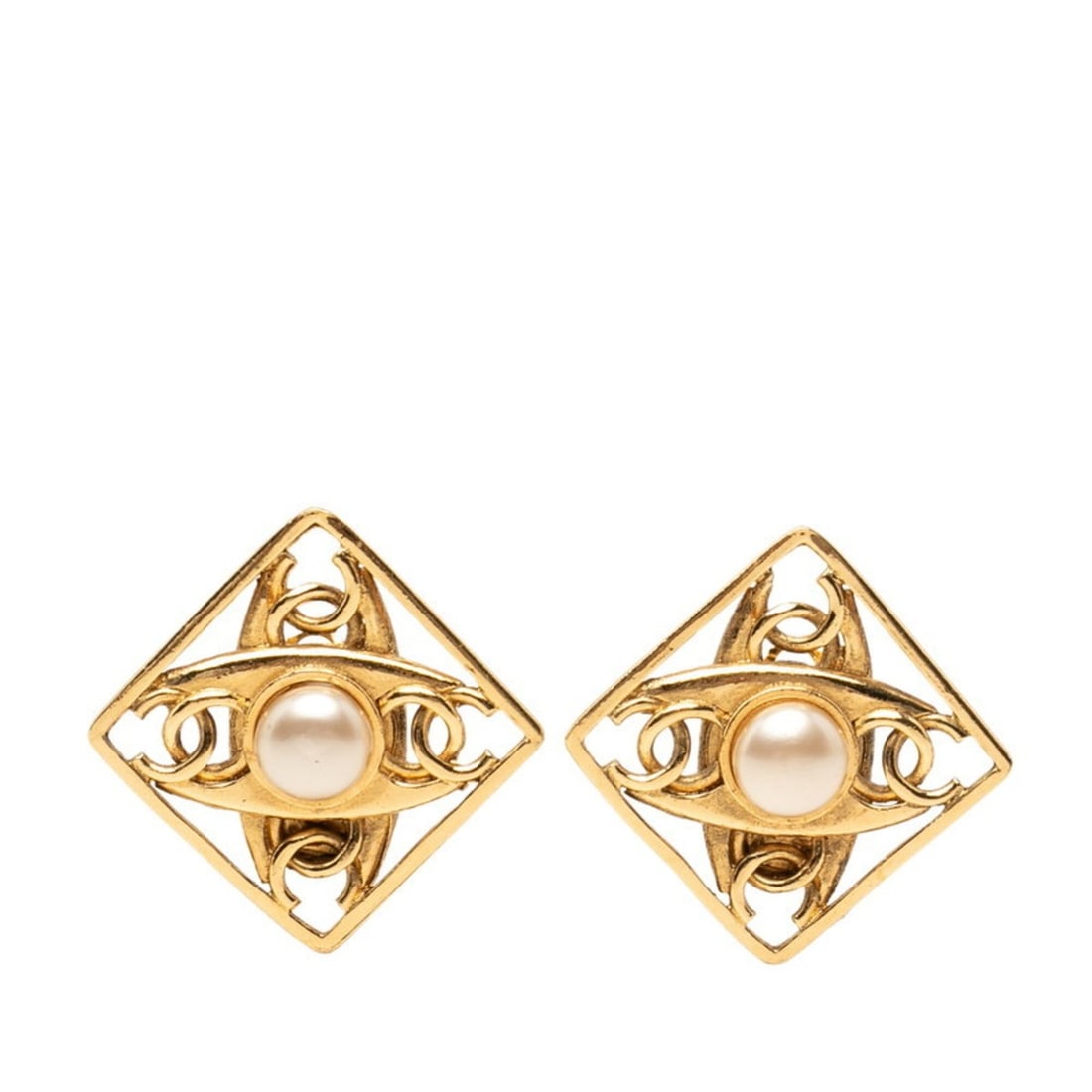 Chanel Coco Mark Vintage Earrings, Gold, Faux Pearl, Plated, GP, Women's CHANEL: --- Catalog ---Category: SizeSize (HxWxD): 37.30mm x 37.30mm / 1.47'' x 1.47''Category: DesignType: Clip earringsColor: GoldGender: WomenMaterial: Gold platingCategory: GeneralBrand: Chanel--- Item Li