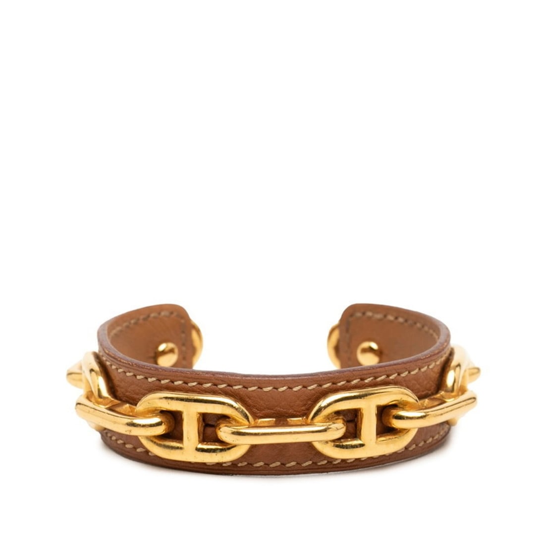 Hermes Chaine d'Ancre Bangle, Gold and Brown Plated Leather, Women's: --- Catalog ---Category: SizeLength: 14.5cm / 5.7''Category: DesignType: BangleColor: Brown, GoldGender: WomenMaterial: LeatherCategory: GeneralBrand: Hermes--- Item List ---Section: ConditionRanking: