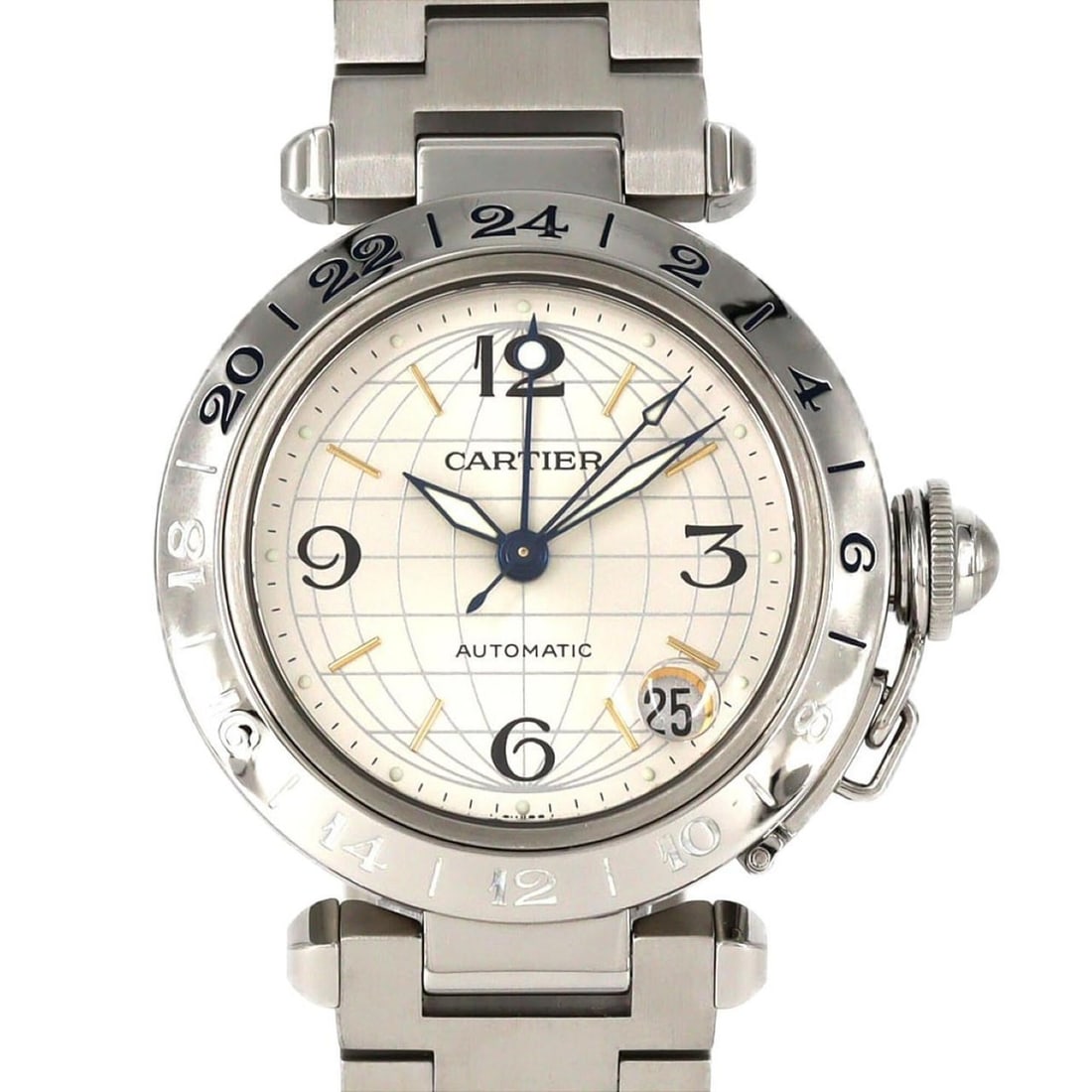 Cartier Pasha C GMT W31029M7 Stainless Steel Automatic Watch: --- Catalog ---Category: SizeWrist Size: 19.5cm / 7.67''Case Diameter: 35mm / 1.38''Category: DesignType: WristwatchGender: Men,WomenColor (Dial): SilverMaterial (Band): Stainless steelMaterial (Case)