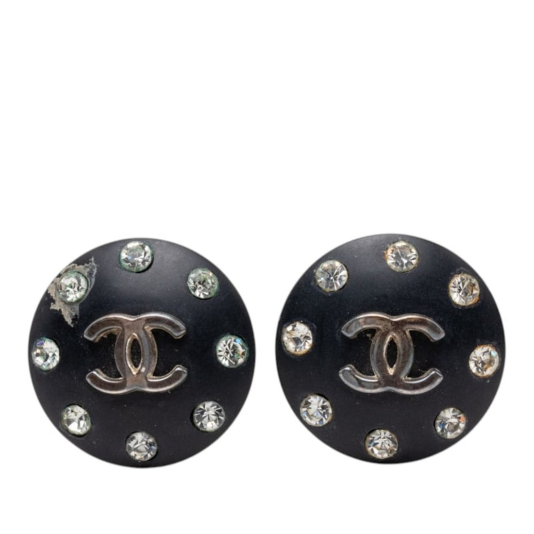 Chanel Coco Mark Round Earrings 96A Black Plated Rhinestone Women's CHANEL (1 of 4)