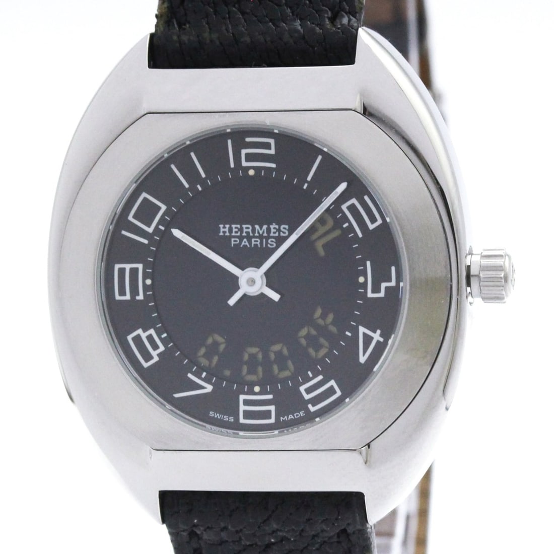 HERMES Espace Stainless Steel Quartz Ladies Watch ES1.210 Polished: --- Catalog ---Category: SizeCase Diameter: 31mm / 1.22''Category: DesignType: WristwatchStyle: Dress/FormalGender: WomenColor (Dial): BlackMaterial (Band): LeatherMaterial (Case): Stainless steelCate