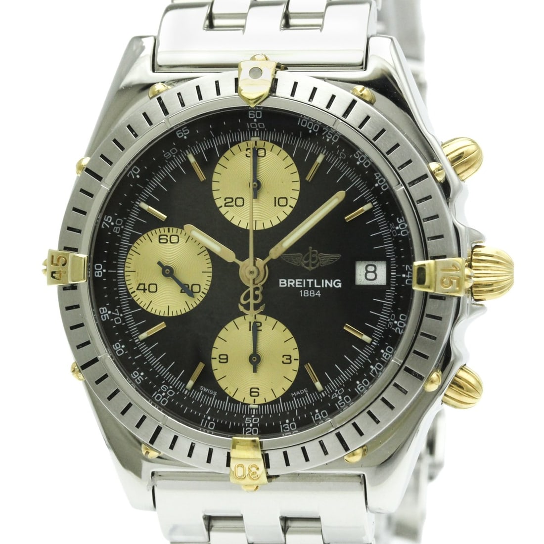 BREITLING Chronomat 18K Gold Steel Automatic Mens Watch B13047 Polished: --- Catalog ---Category: SizeCase Diameter: 40mm / 1.57''Category: DesignType: WristwatchStyle: SportGender: MenColor (Dial): BlackMaterial (Band): Stainless steelMaterial (Case): Stainless steel, Yel