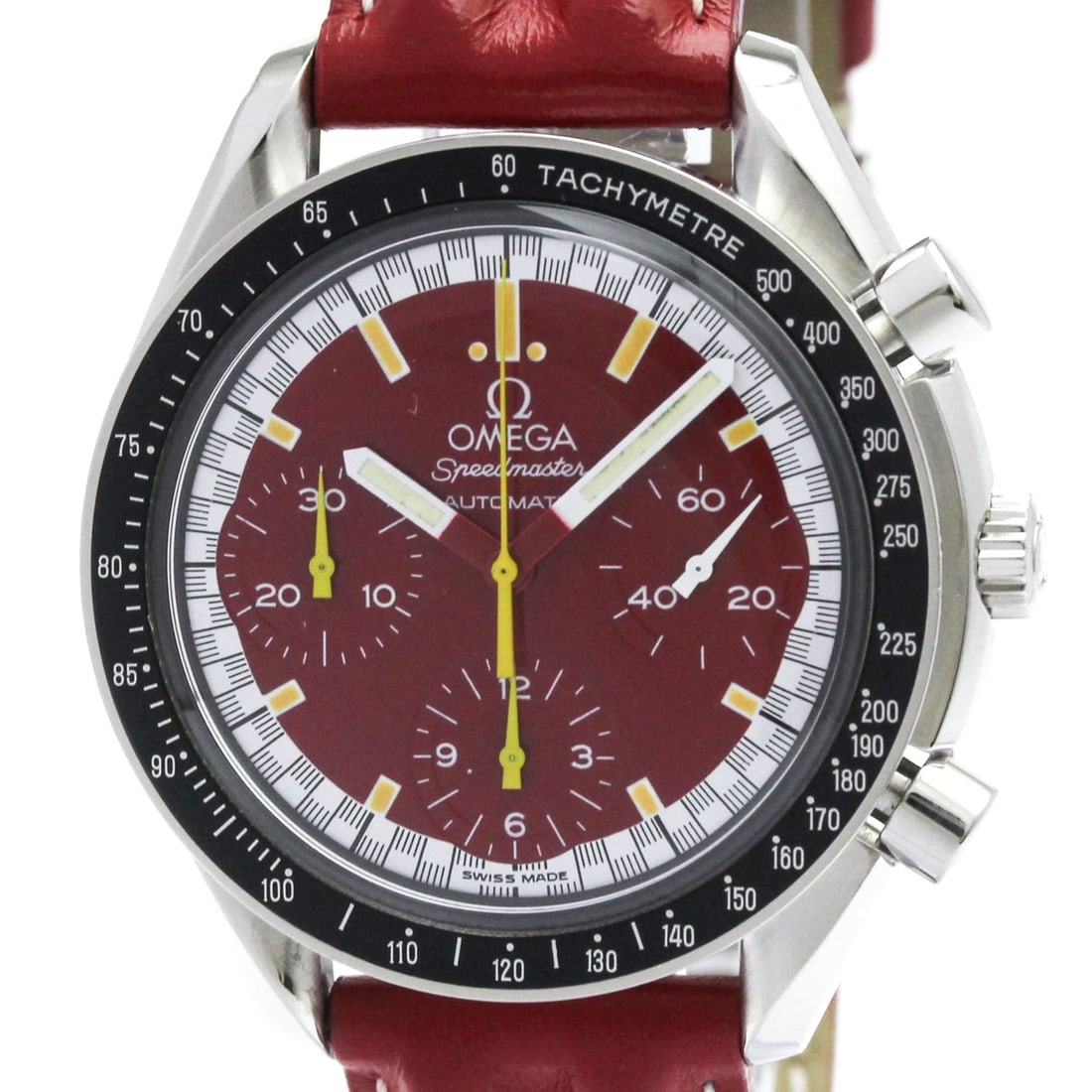 OMEGA Speedmaster Michael Schumacher Red Dial Watch 3810.61 Polished: --- Catalog ---Category: SizeCase Diameter: 39mm / 1.54''Category: DesignType: WristwatchStyle: SportGender: MenColor (Dial): Red colorMaterial (Band): LeatherMaterial (Case): Stainless steelCategory: