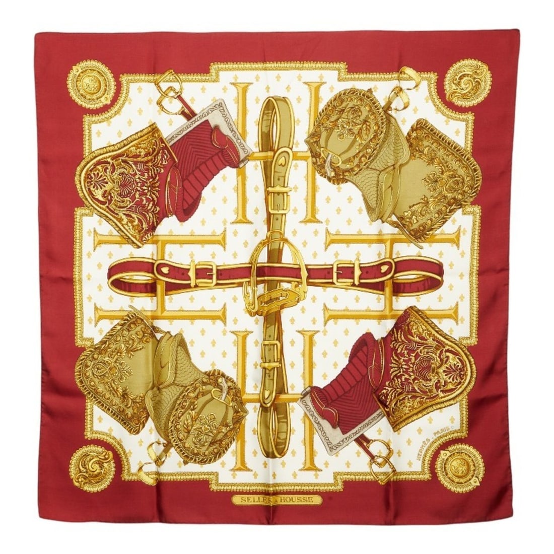 Hermes Carre 90 Scarf, Cover with Seat, SELLES A HOUSSE, Wine Red, Multicolor Silk, Women's (1 of 6)