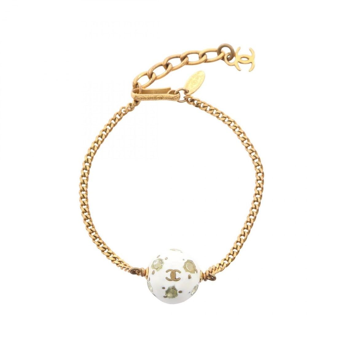 Chanel Coco Mark Ball Bracelet, Gold Plated (GP), Rhinestone, Women's, White/Gold Tone: --- Catalog ---Category: SizeLength: 14.5cm - 17cm / 5.7'' - 6.69''Category: DesignType: Charm braceletColor: Gold, WhiteGender: WomenMaterial: Gold plating, RhinestoneCategory: GeneralBrand: Chanel--