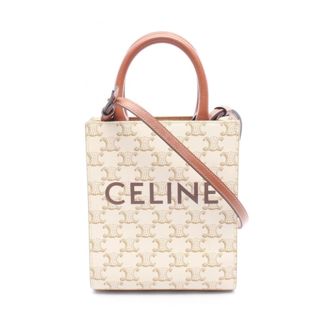 Celine Mini Vertical Cabas Triomphe 2-Way Handbag, Coated Canvas and Leather, Women's, Ivory/Brown,: --- Catalog ---Category: SizeSize (HxWxD): 20cm x 17cm x 5.5cm / 7.87'' x 6.69'' x 2.16''Category: DesignType: HandbagColor: Brown, IvoryGender: WomenMaterial: Coated canvas , Leather Category: Genera
