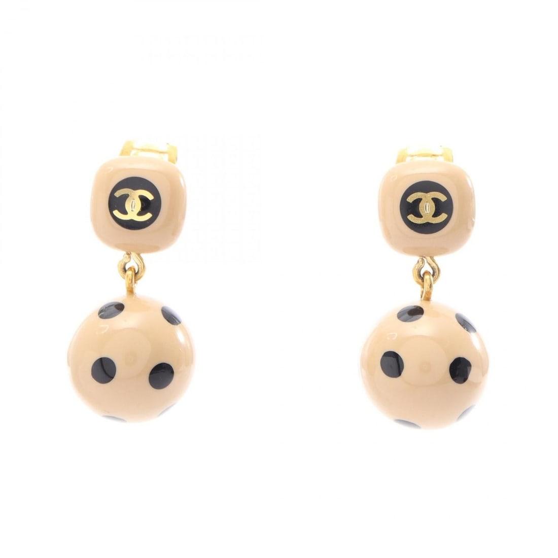 Chanel Coco Mark Dot Swing Earrings, Gold Plated Plastic, Women's, Beige, Black,: --- Catalog ---Category: SizeSize (HxWxD): 35.00mm x 18.00mm / 1.38'' x 0.71''Category: DesignType: Clip earringsColor: Beige, Black, GoldGender: WomenMaterial: Gold plating, PlasticCategory: GeneralB