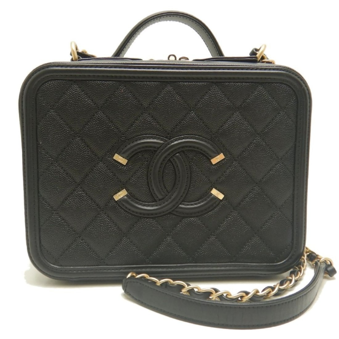 CHANEL CC Filigree Vanity Case A93343 Shoulder Bag, Caviar Leather, Black, Women's 253984 (1 of 18)
