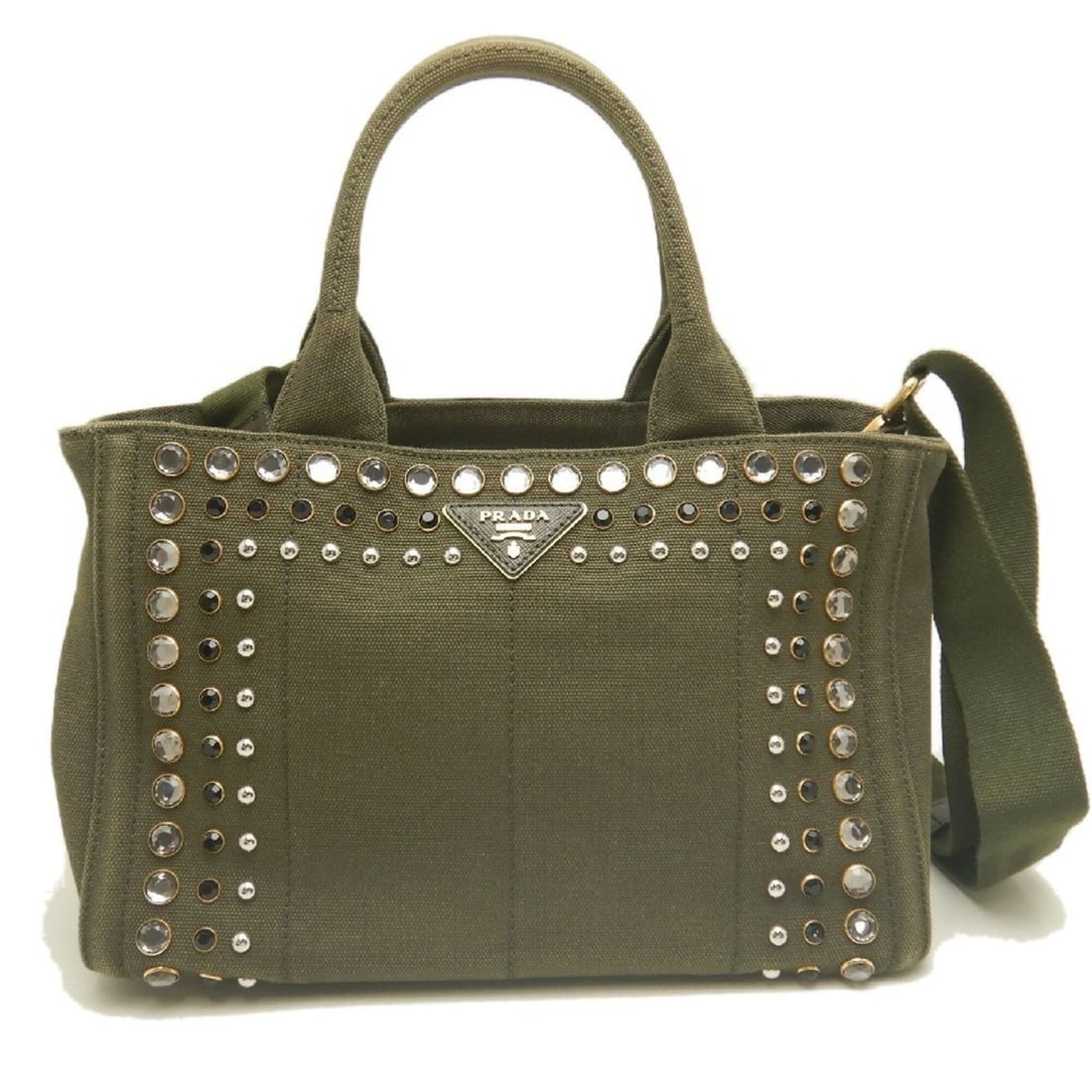PRADA Canapa Tote PM Bijou B2439O Bag Canvas MILITARE Women's 254043: --- Catalog ---Category: SizeSize (HxWxD): 18cm x 30cm x 17cm / 7.08'' x 11.81'' x 6.69''Category: DesignType: Tote bagColor: Green, KhakiGender: WomenMaterial: Canvas Category: GeneralBrand: PradaCou
