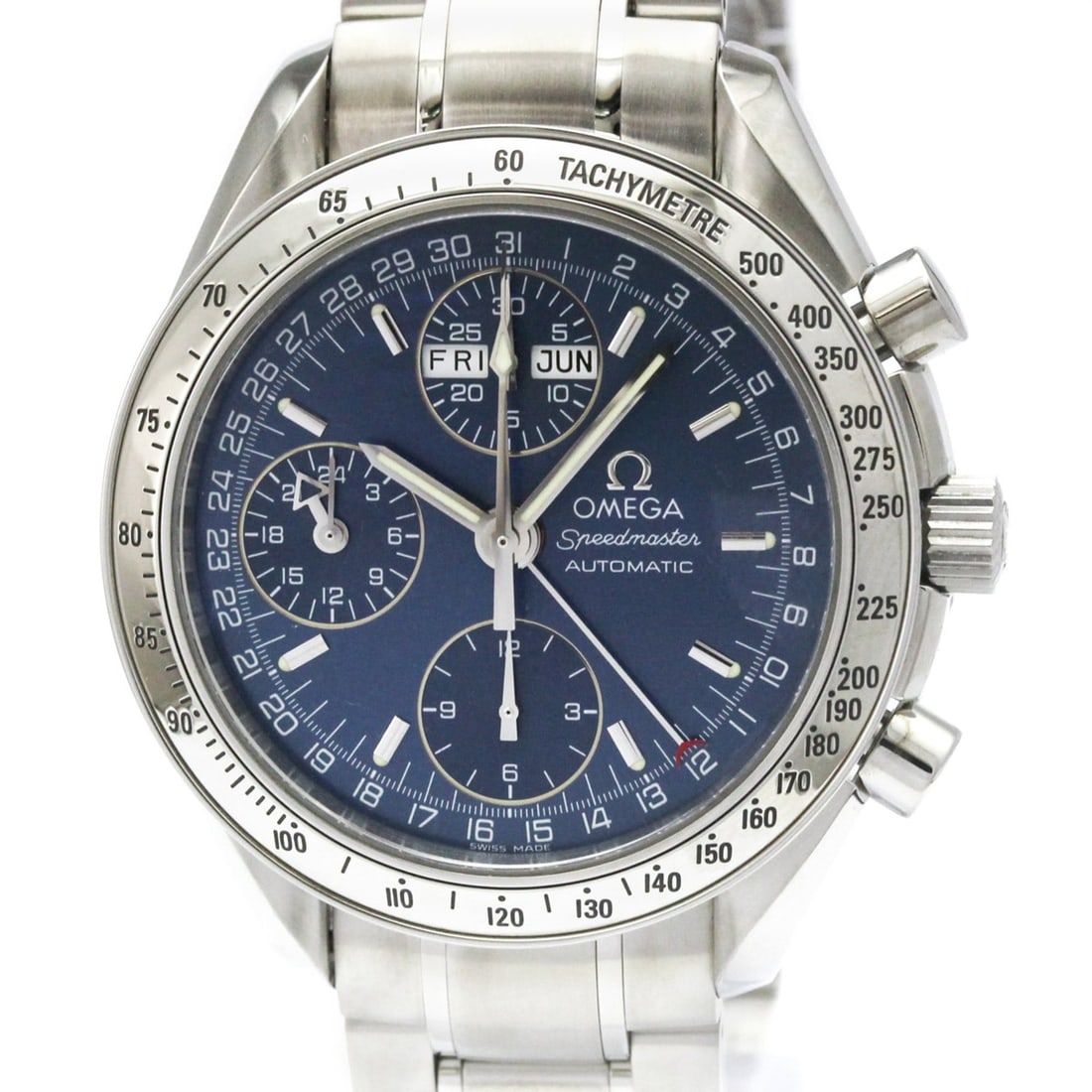 OMEGA Speedmaster Triple Date Steel Automatic Watch 3523.80 Polished: --- Catalog ---Category: SizeCase Diameter: 39mm / 1.54''Category: DesignType: WristwatchStyle: SportGender: MenColor (Dial): BlueMaterial (Band): Stainless steelMaterial (Case): Stainless steelCatego