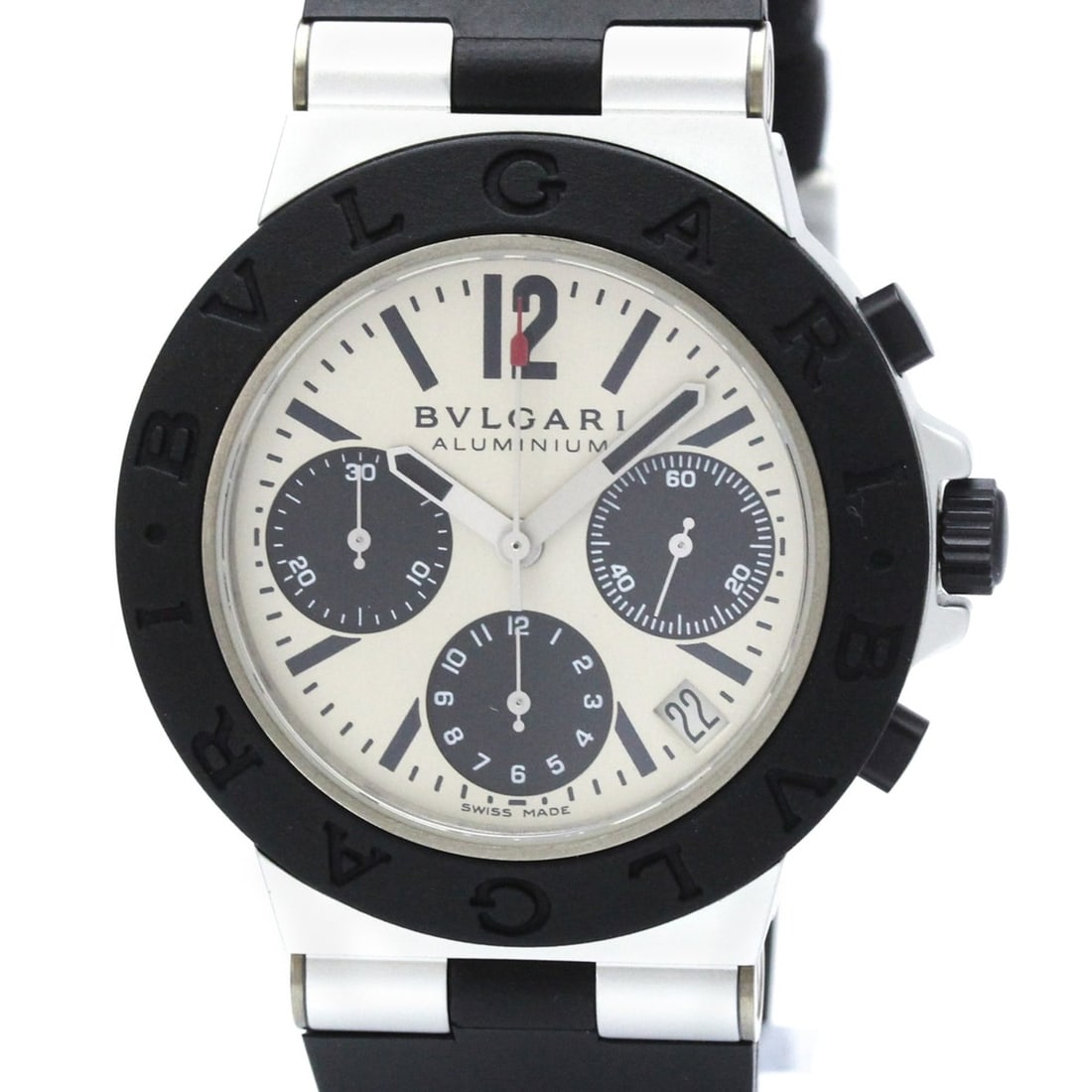 BVLGARI Aluminium Chronograph Automatic Mens Watch AC38TA: --- Catalog ---Category: SizeCase Diameter: 38mm / 1.5''Category: DesignType: WristwatchStyle: SportGender: MenColor (Dial): SilverMaterial (Band): RubberMaterial (Case): Aluminum, RubberCategory: Gen