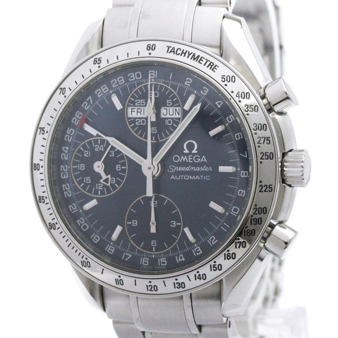OMEGA Speedmaster Triple Date Steel Automatic Watch 3523.80 Polished: --- Catalog ---Category: SizeCase Diameter: 39mm / 1.54''Category: DesignType: WristwatchStyle: SportGender: MenColor (Dial): BlueMaterial (Band): Stainless steelMaterial (Case): Stainless steelCatego