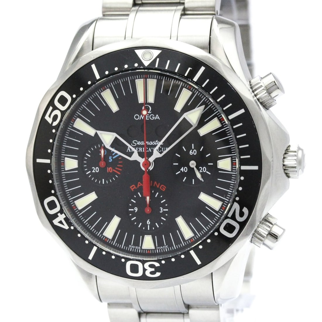 OMEGA Seamaster Americas Cup Racing Chronograph Watch 2569.50 Polished: --- Catalog ---Category: SizeCase Diameter: 44mm / 1.73''Category: DesignType: WristwatchStyle: SportGender: MenColor (Dial): BlackMaterial (Band): Stainless steelMaterial (Case): Stainless steelCateg