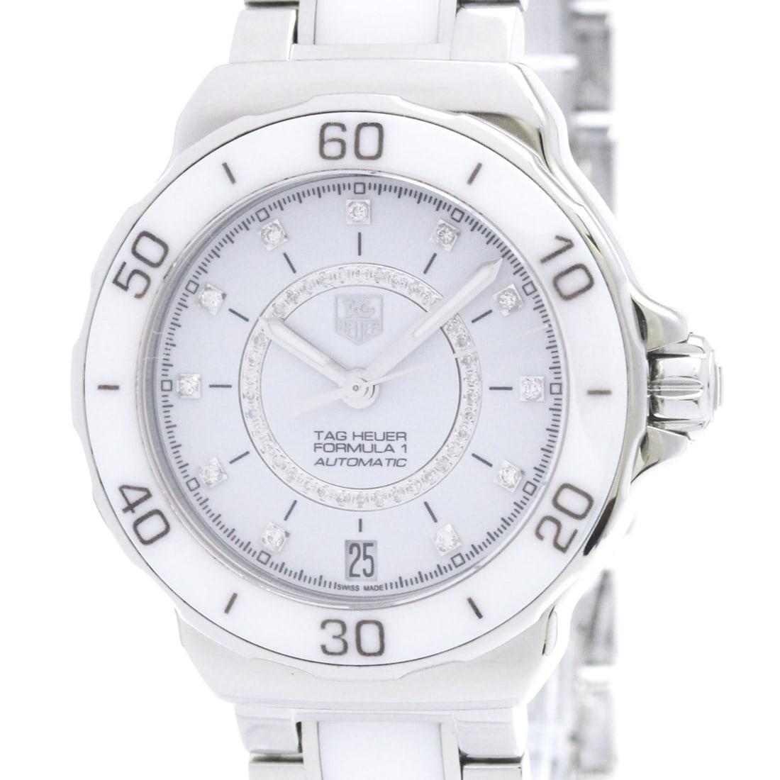 TAG HEUER Formula 1 Diamond Automatic Ceramic Steel Watch WAU2211 Polished: --- Catalog ---Category: SizeCase Diameter: 35mm / 1.38''Category: DesignType: WristwatchStyle: SportGender: WomenColor (Dial): WhiteMaterial (Band): Ceramic, Stainless steelMaterial (Case): Ceramic, 
