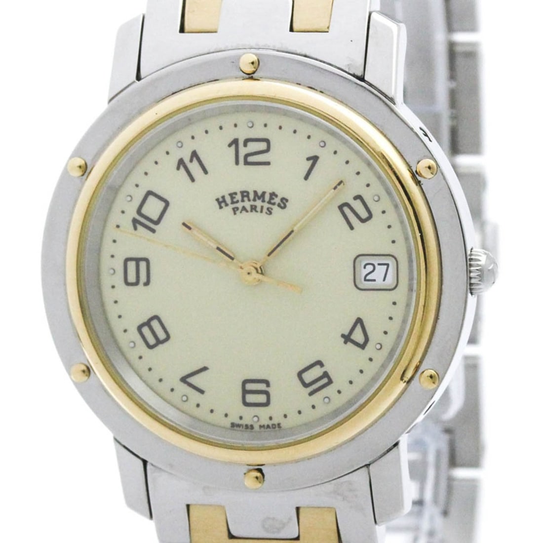HERMES Clipper Gold Plated Steel Quartz Mens Watch CL6.720 Polished: --- Catalog ---Category: SizeCase Diameter: 36mm / 1.42''Category: DesignType: WristwatchStyle: Dress/FormalGender: MenColor (Dial): IvoryMaterial (Band): Gold plated, Stainless steelMaterial (Case): 